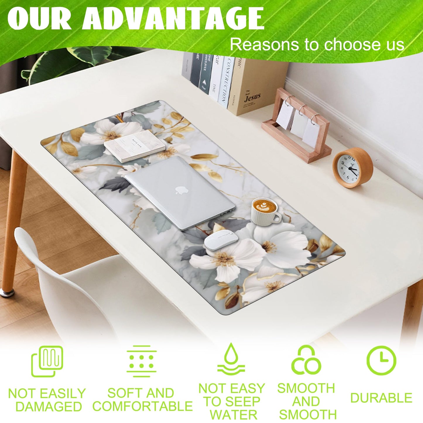 Eflxamz Desk Mat,White Gold Marble Desk Pad,White Flowers Golden Leaves Large Gaming Mouse Pad for Desk,Extended Big Computer Keyboard Mouse Pad with Non-Slip Base and Stitched Edge,35.4"x15.7"