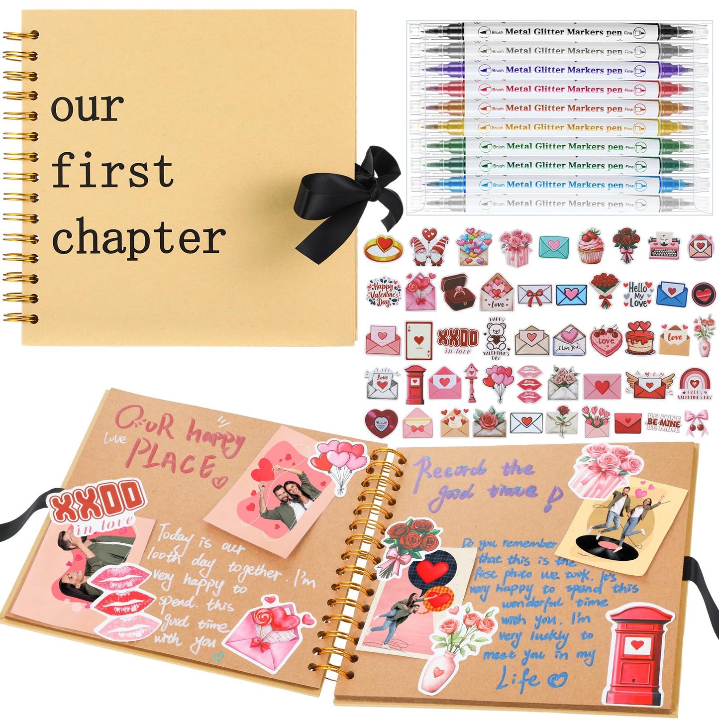 Epakh Valentine Scrapbook 1 Year Gift for Her Our First Chapter Anniversary Scrap Book Supply Souvenir Memory Book DIY Kit Gift 8.3" for Galentine Wedding Birthday Anniversary Journaling Accessory