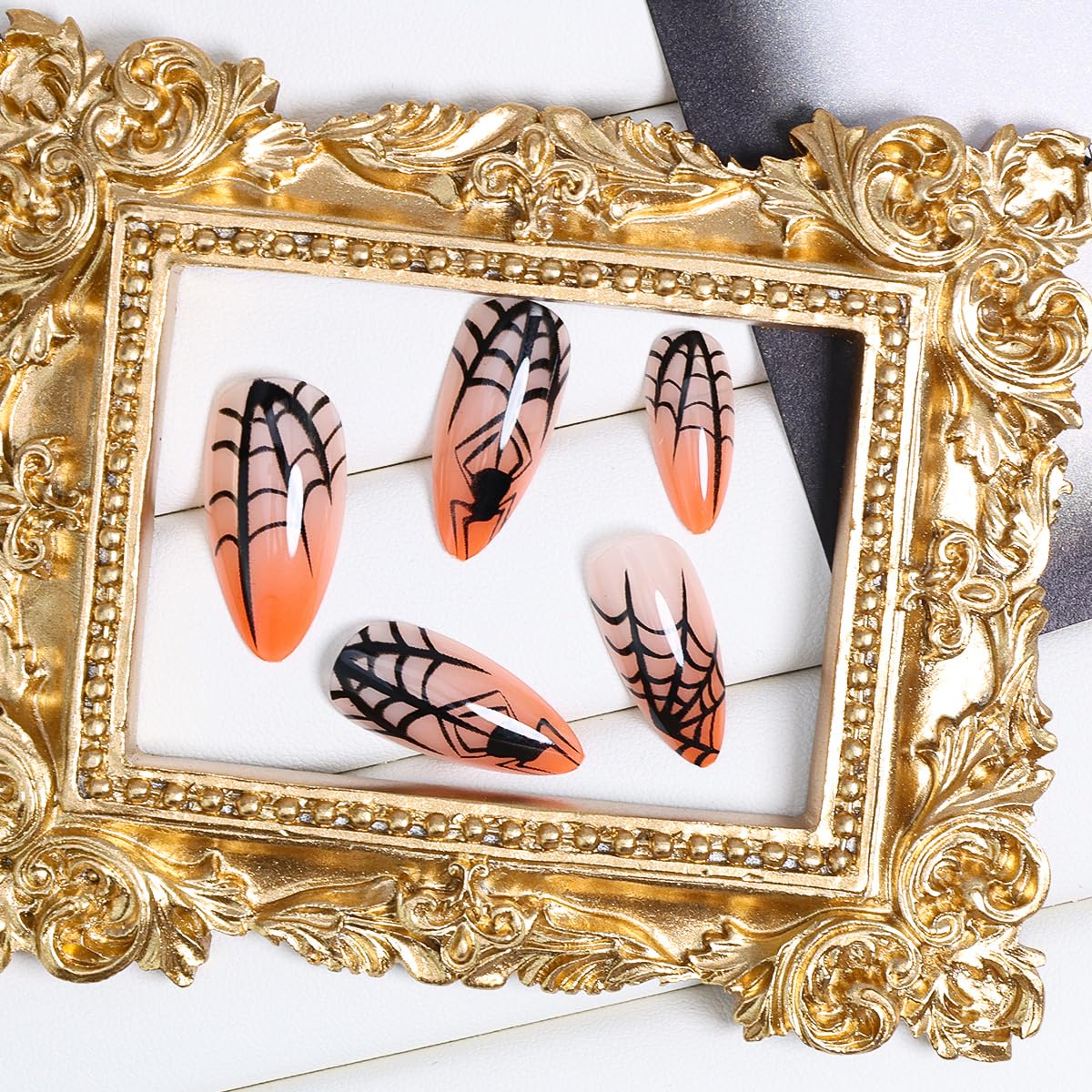 BMKKOT 24Pcs Halloween Spider Nails Set: Medium Almond ABS Press On Nails with Spider Design, Orange Glossy Full Cover False Nails for Women Manicure Decoration