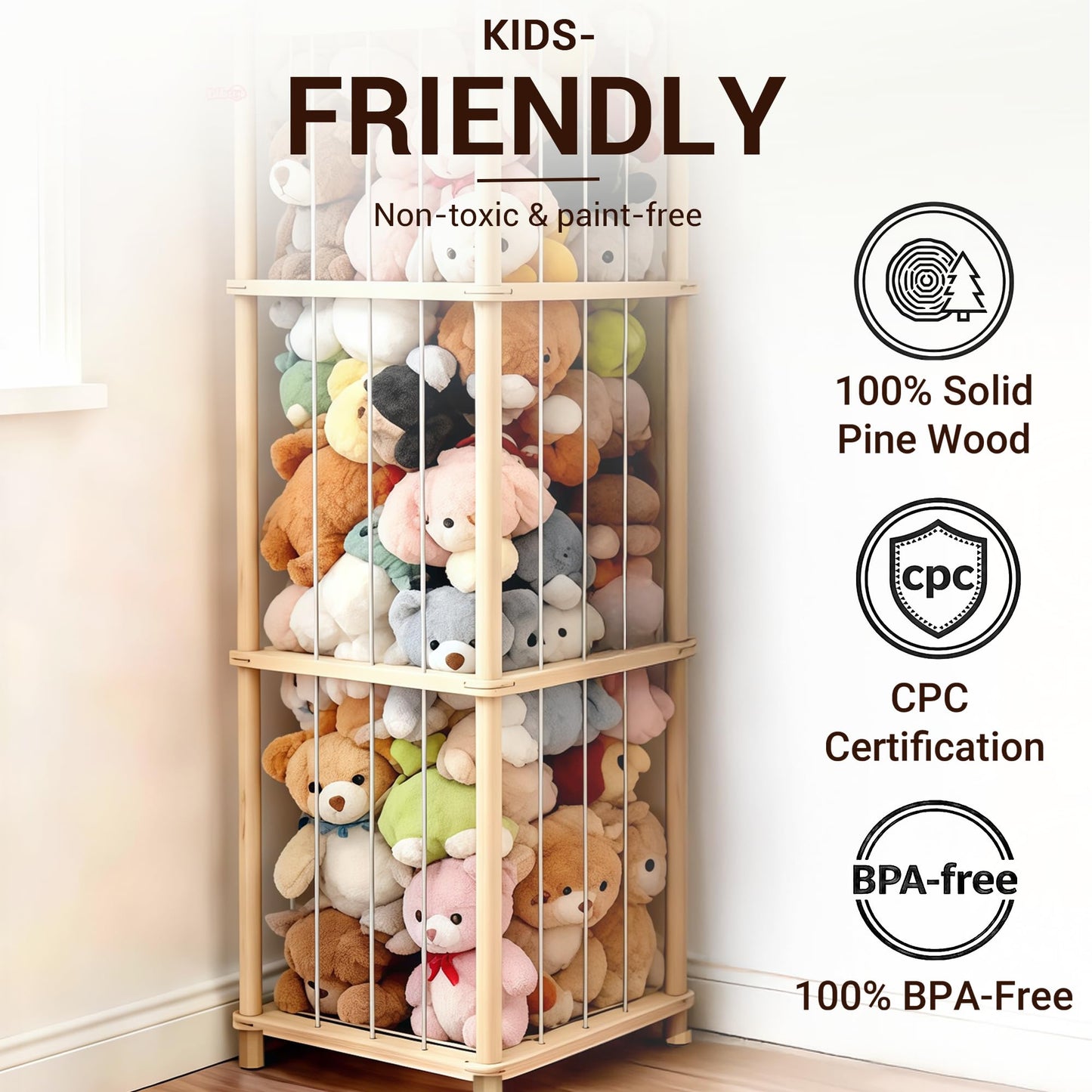 KiddoCood Kids CPC & TIC Certified Stuffed Animal Storage - 3-Tier Natural Solid Wood Plush Toy Organizer & Holder, Corner Solution for Playroom & Nursery, BPA-Free & Zero Glue