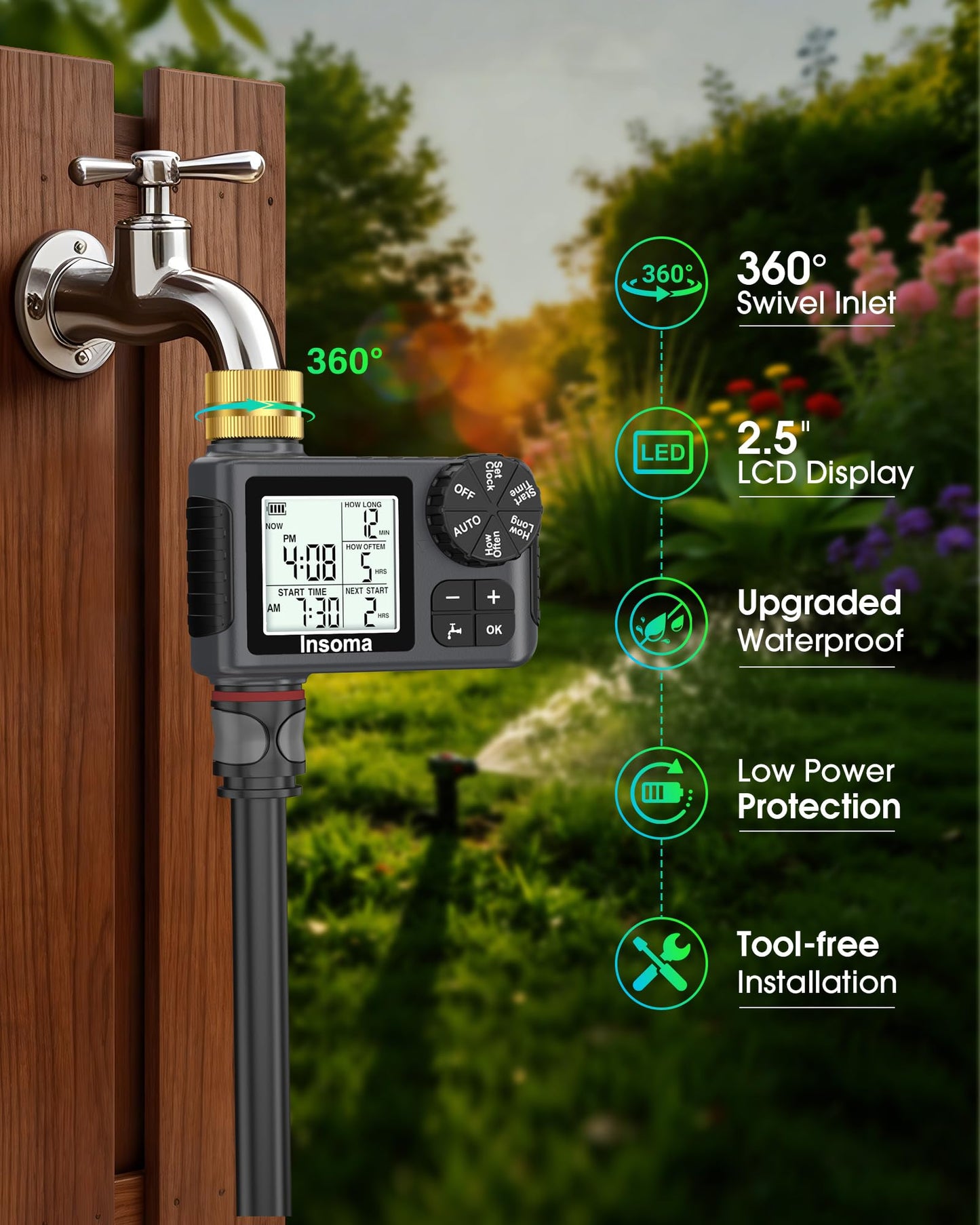 Water Timer for Garden Hose with 100% Metal Pipe, Programmable Sprinkler Controller for Garden Faucet with Auto/Manual/Rain Delay Mode, Irrigation Timers for Lawn, Yard, Outdoor Plants