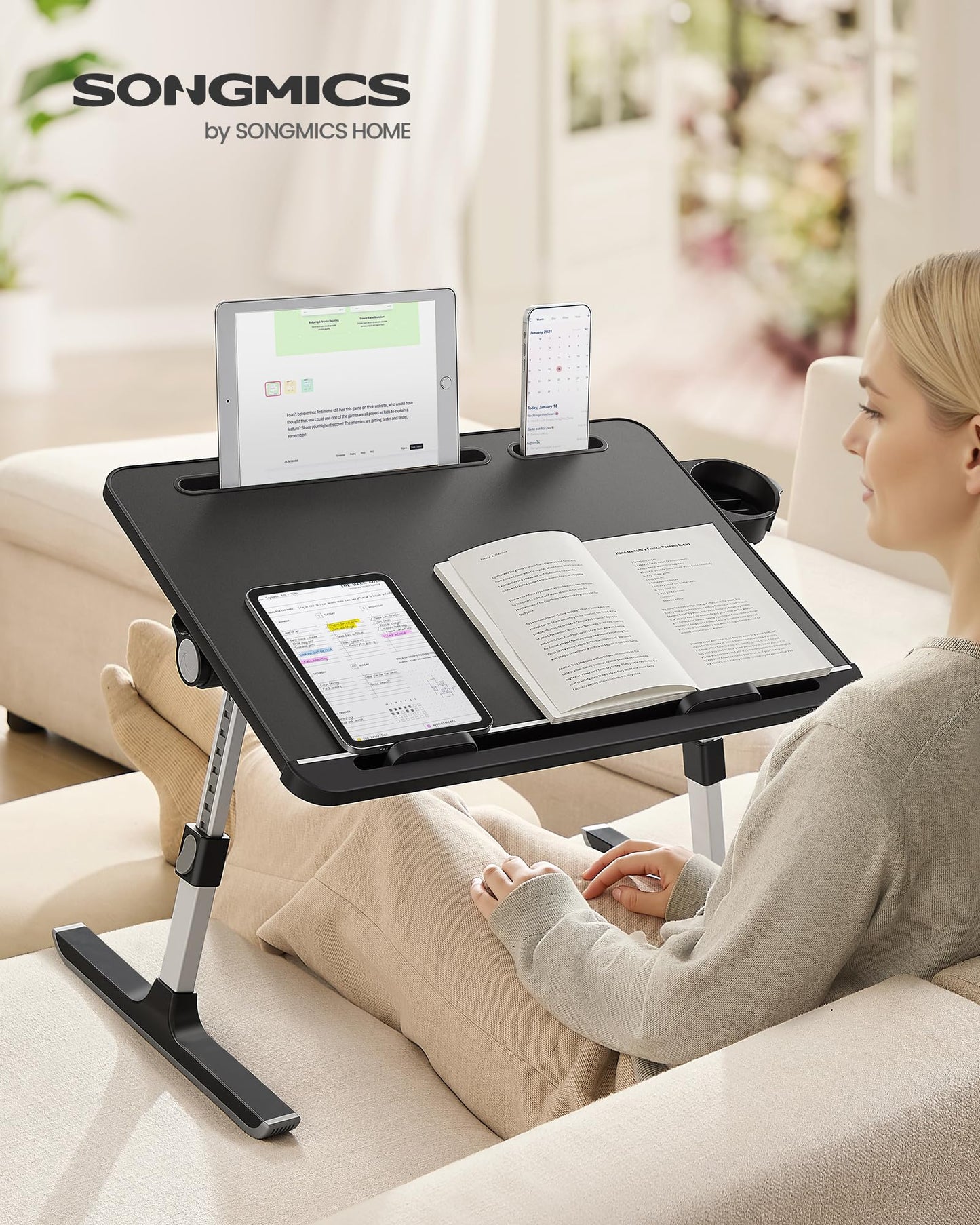 SONGMICS Bed Laptop Desk, Foldable Bed Desk for Laptop, 15.7 x 22 Inches Large Desktop, 120° Stepless Tilt, Adjustable Height, Cup Holder, Tray, Portable Bed Sofa Table, Ink Black ULLD113BC01