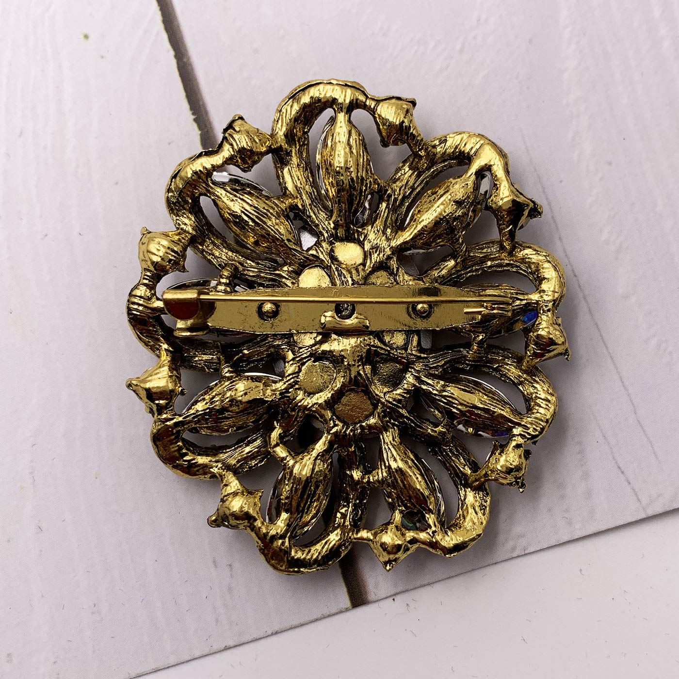 SELOVO Marquise Shape Flower Brown Brooch Pin Accessory Antique Gold Tone
