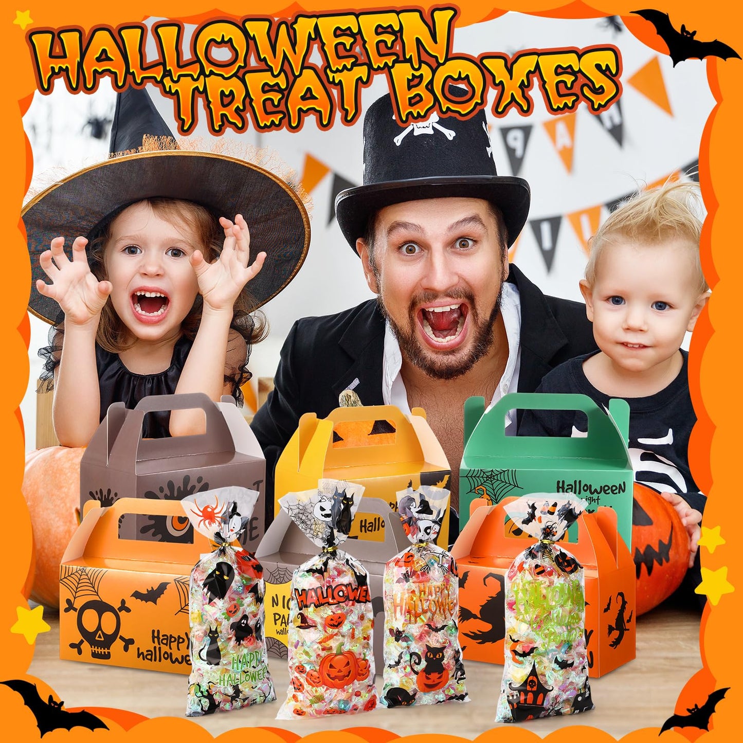ReliThick 80 Pack Halloween Treat Box with Cellophane Bags Trick or Treat Goodie Cookie Candy Boxes for Treats Pumpkin Halloween Bag for Party