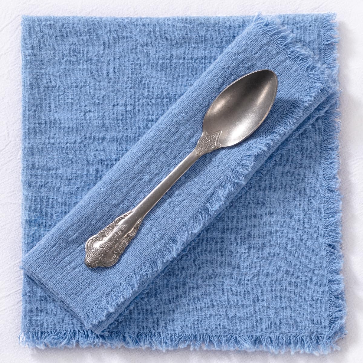 MLMC 6 Pack Dusty Blue Cloth Napkins with Fringe Boho Linen Napkins Washable Reusable Rustic Dinner Table Decor 17"×17" for Wedding Party Bridal Baby Shower Home Decor