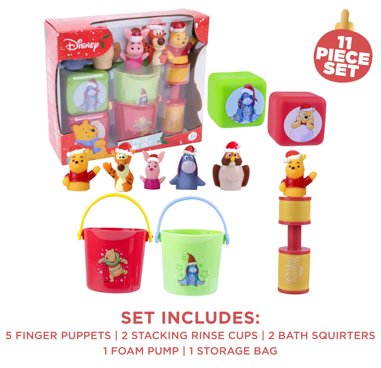 Disney Holiday Winnie The Pooh Bath Toys - 11 pc Bath Value Set, Bath Toys, Finger Puppets, Rinse Cups, Foam Pump, Bath squirters