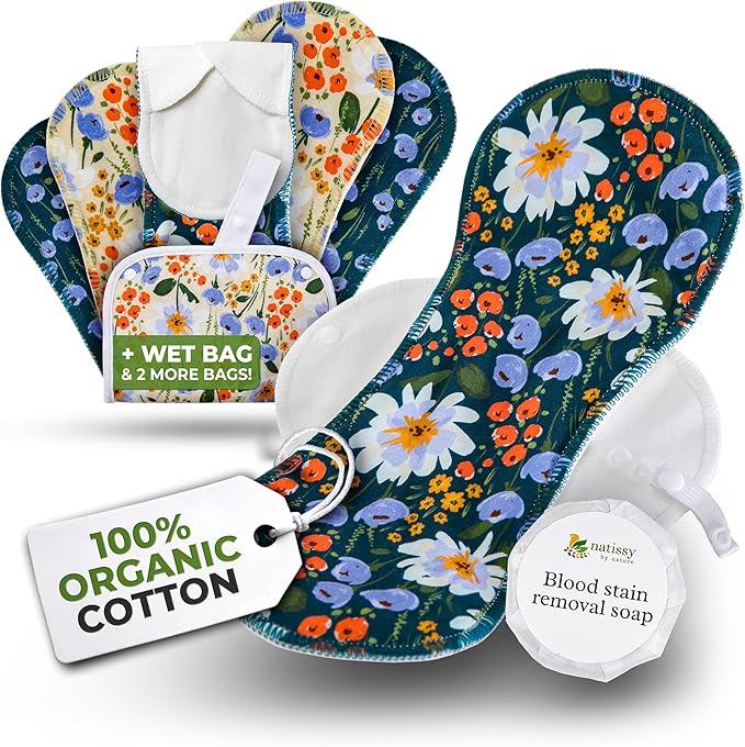 Organic Cotton EcoComfort Reusable Period Pads for Heavy Flow & Incontinence (L+XL, 6-Pack); High-Temp Washable Cloth for Women; Non-Irritating, Soft Reusable Menstrual for Comfortable Care