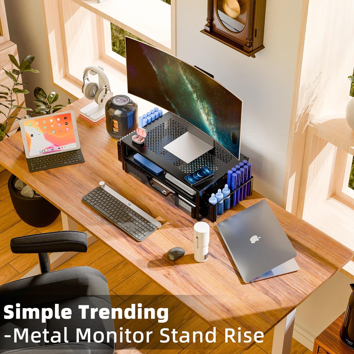 Simple Trending Desk Organizer and Accessories, 2 Tier Computer Metal Monitor Stand Riser with Drawer and Pen Holder for Laptop, Computer, iMac, Black