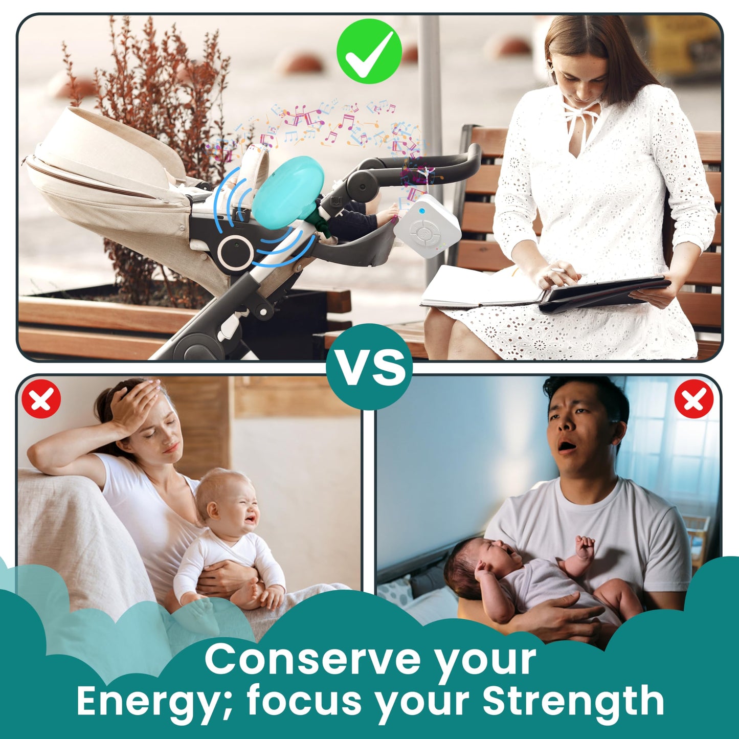 SensaRocker 2-in-1 Baby Stroller Rocker & Portable Sound Machine, Hands-Free Soothing with 5 Speeds, 9 Sounds, Night Light, Rechargeable, 2 Mounts for Strollers, Bassinets & Car Seats