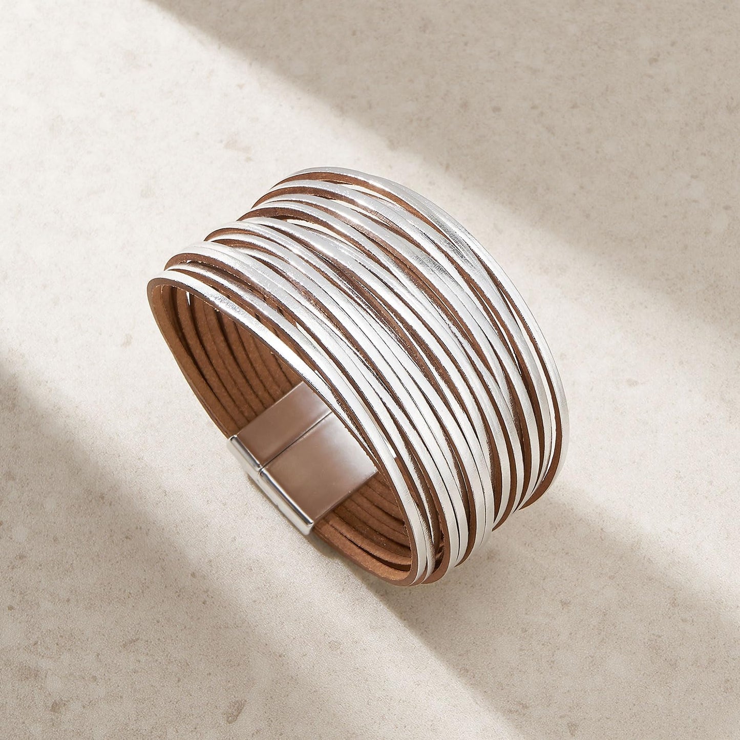 QIUTIMIY Leather Bracelets for Women Trendy Boho Cuff Bracelet Layered Bangle with Clasp Hand Wrist Jewelry Western(Style 4-Silver)