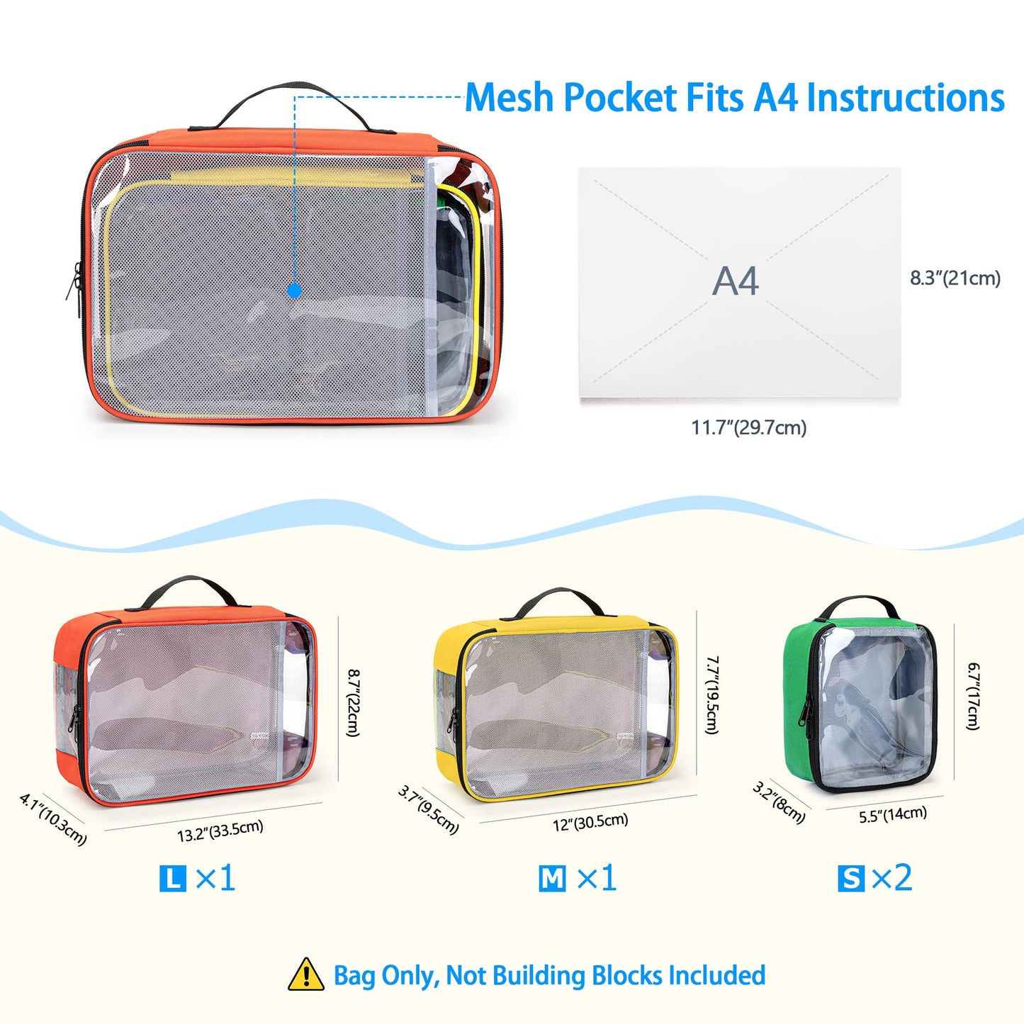 Rexmica 4-piece Toy Storage Organizer Bag, Travel Organizer Case for Building Blocks, Dolls, Crafts, Magnetic Building Tiles, Blocks Toy Storage Bag with Visible Top