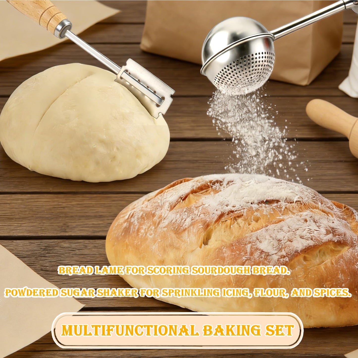 CUTENJOY Bread Lame and Flour Duster, 304 Stainless Steel Bread Baking Supplies with Razor Blades & Leather Cover, Professional Bread Scoring Knife, Flour Duster for Baking