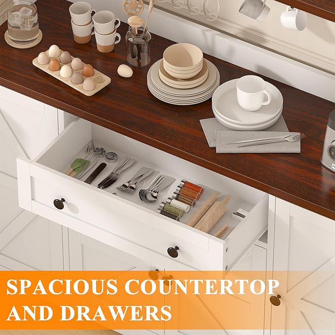 Hutch Storage Buffet Cabinet with Drawers, and Charging Station, Coffee Bar Cabinet with Barn Doors, Wine Rack and Hooks, White Wood Sideboard Buffet for Kitchen, Dining Room, 47.8" High