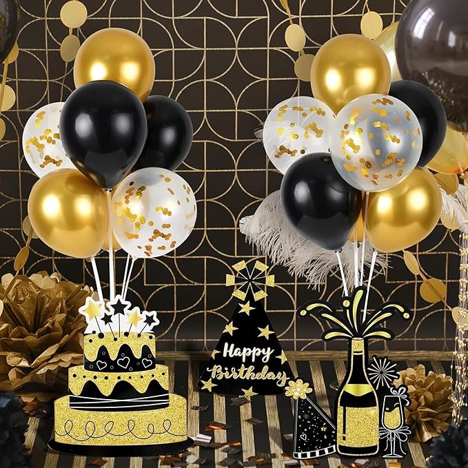 6 Sets Balloon Stand Kit for Table Happy Birthday Black Gold Balloon Centerpiece Decor Black and Gold Balloon Stand Kit for 40th 50th 60th 70th Birthday Party Decoration
