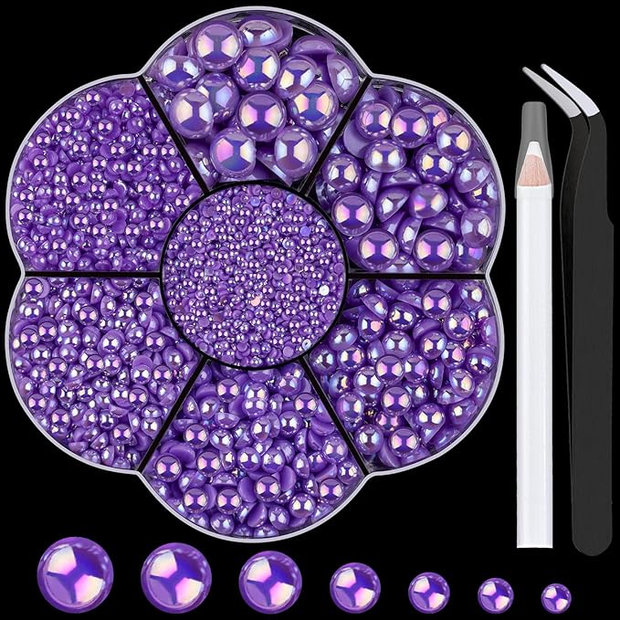 Nail Art Flat Back Half Round Pearl Kits 35, 1 Box of 6000 Pcs Flat-Back Violet AB with Tweezer and Picker Pencil for Home DIY Nails Body Face Craft and Salon Use