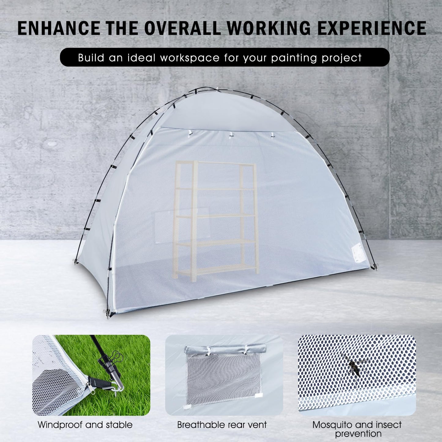 Portable Paint Booth Tent, Siebwin Large 8(L) x6(W) x6(H) ft Spray Paint Tent with Built-in Floor & Mesh Screen & Windproof Hooks for Furniture DIY Hobby Tool Spray Paint Shelter, Gray