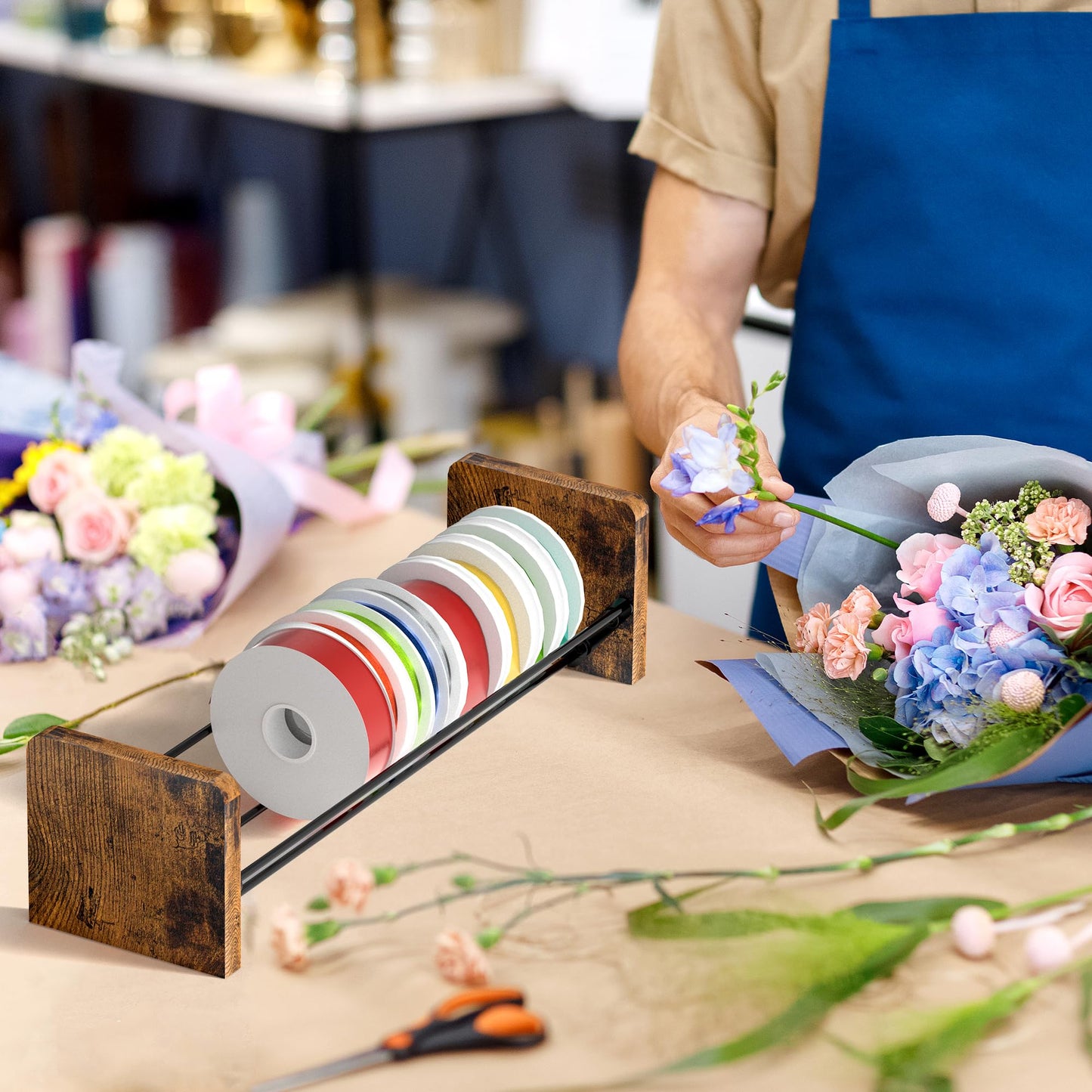 Invech Ribbon Storage Rack Desktop & Wall Mounted, 1Pcs Ribbon Holder for Craft Room, Flower Shop and Gift Packing