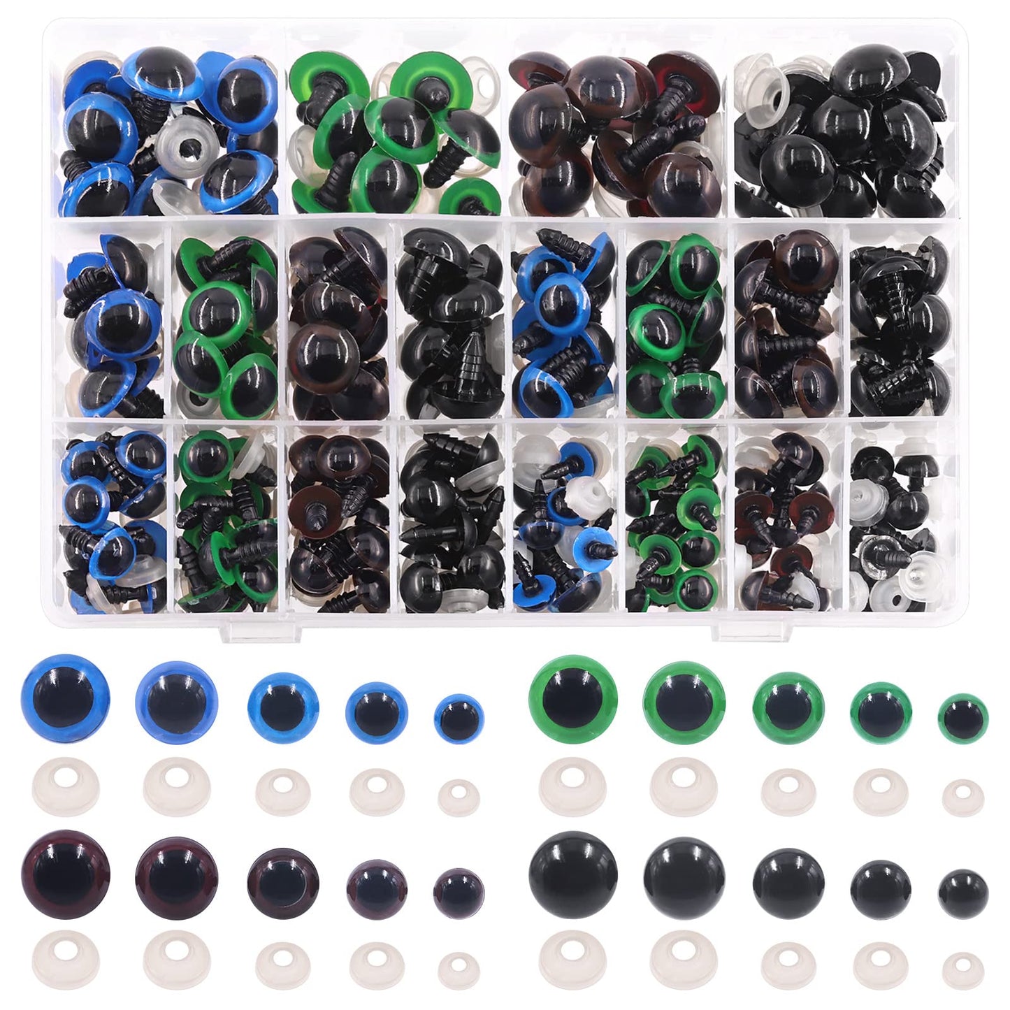 Rustark 224 Sets Plastic Safety Eyes Stuffed Crochet Eyes Craft Doll Eyes Kit with Washers for DIY Crafts Projects 10 12 14 16 18mm Green Blue Black Bronze