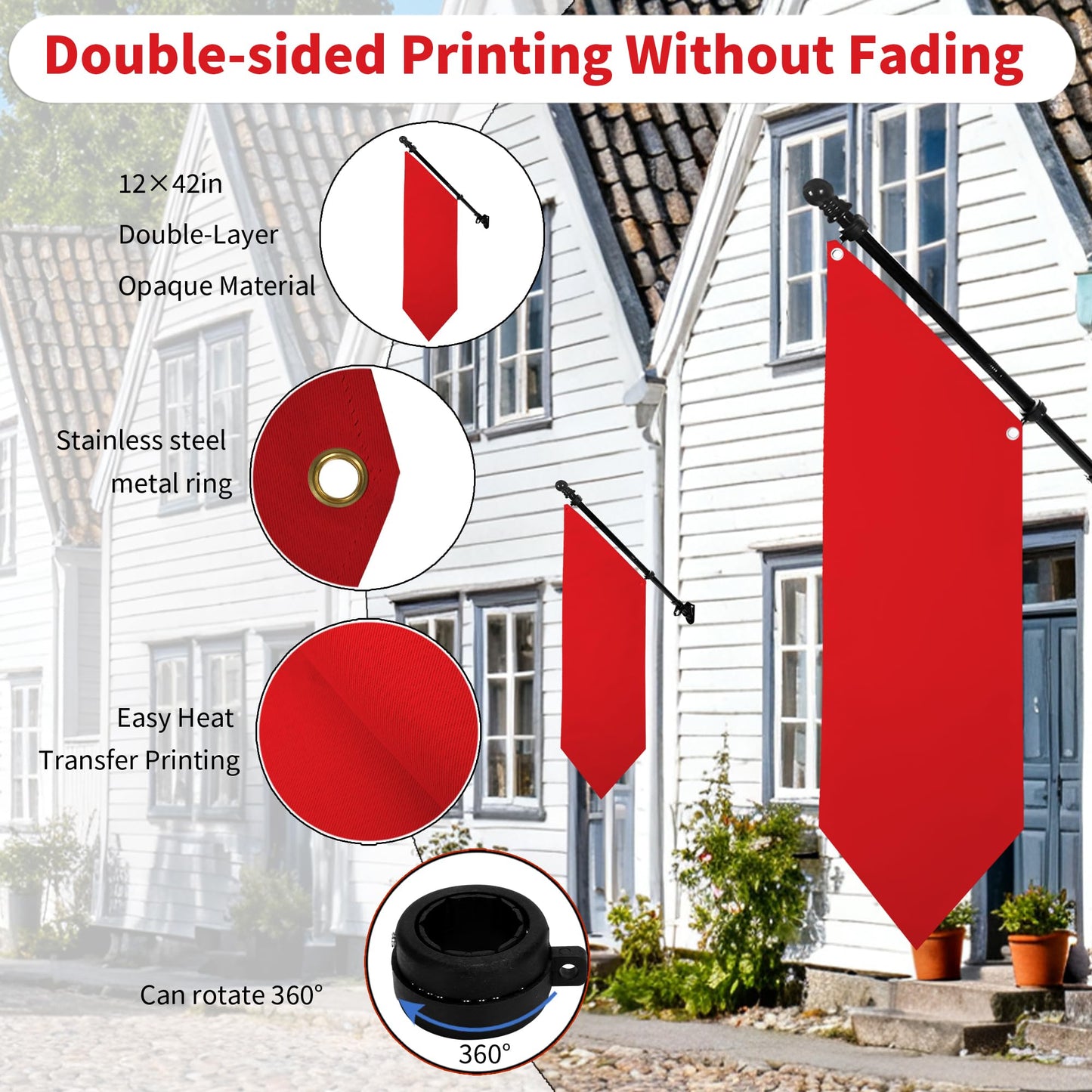 Farm Stand Blank Flag with Pole Kit, 12x42 Inch Double-Layer Heavy-Duty 300D Polyester Banner, DIY Custom Sublimation Vinyl Flag for Garden, Yard, Events, or Outdoor Commercial Display (Red)