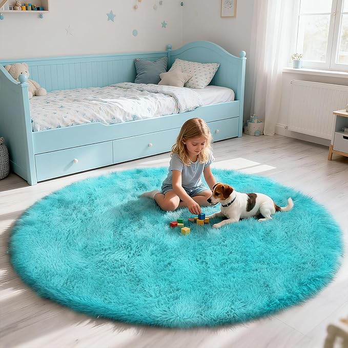 yulidayang Soft Round Area Rug for Kids Bedroom, Fluffy Fuzzy Shaggy Rug 6'X6'for Living Room, Non Slip Circle Plush Rug for Girls Room Nursery Dorm Decor,Light Blue