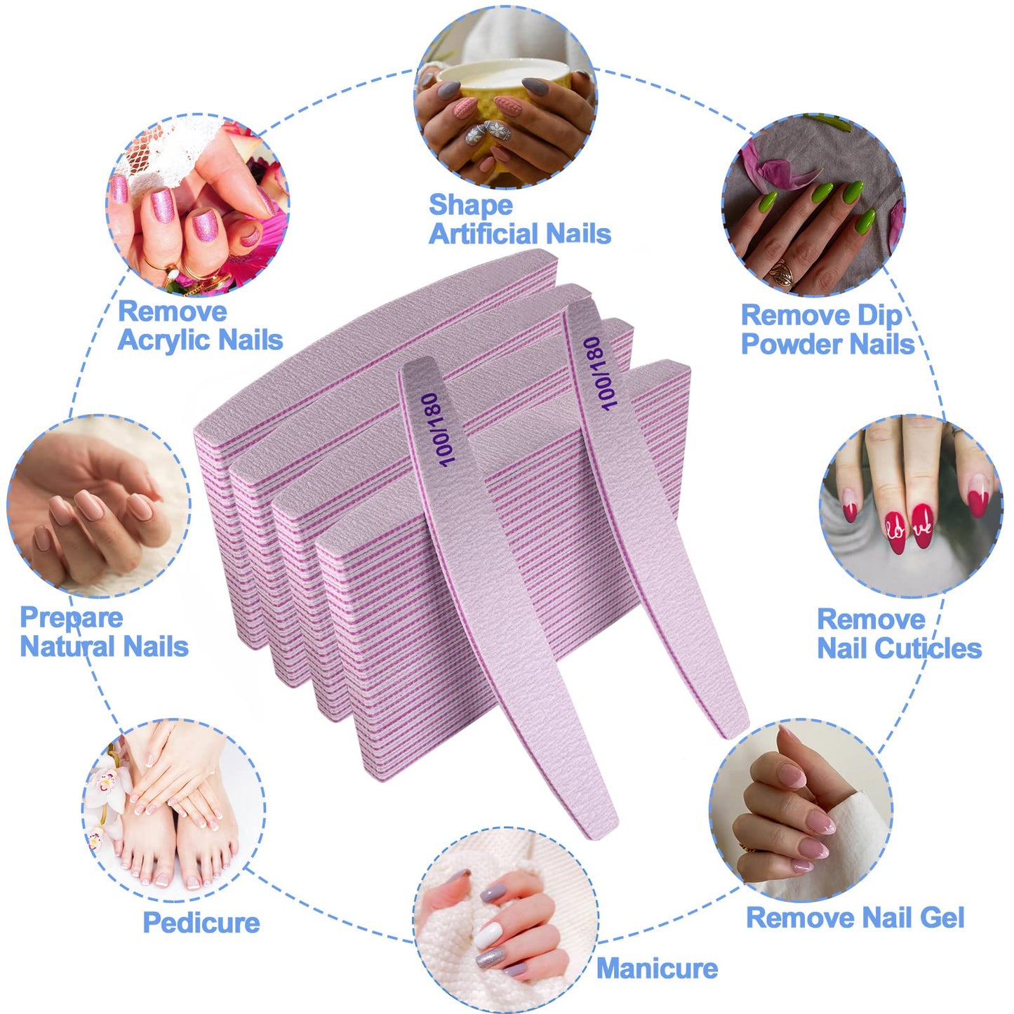 Nail Files (100 Pcs), 100/180 Grit Nail File Emery Board Bulk for Acrylic Nails and Natural Nails, Limas para Unas Acrilicas Profesional Pack Filers for Gel Nail Double Sided Manicure Curved Gray