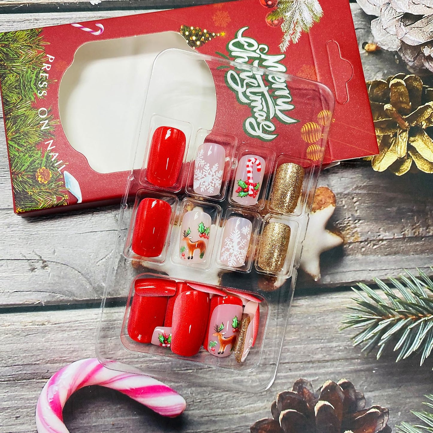 LWTZLW Christmas Press on Snowflake Elk Medium Square False Nails Gift Cane Glue on Nail Gold Glitter Design Acrylic Fake Nails Winter Artificial Glossy Nail Reusable for Women