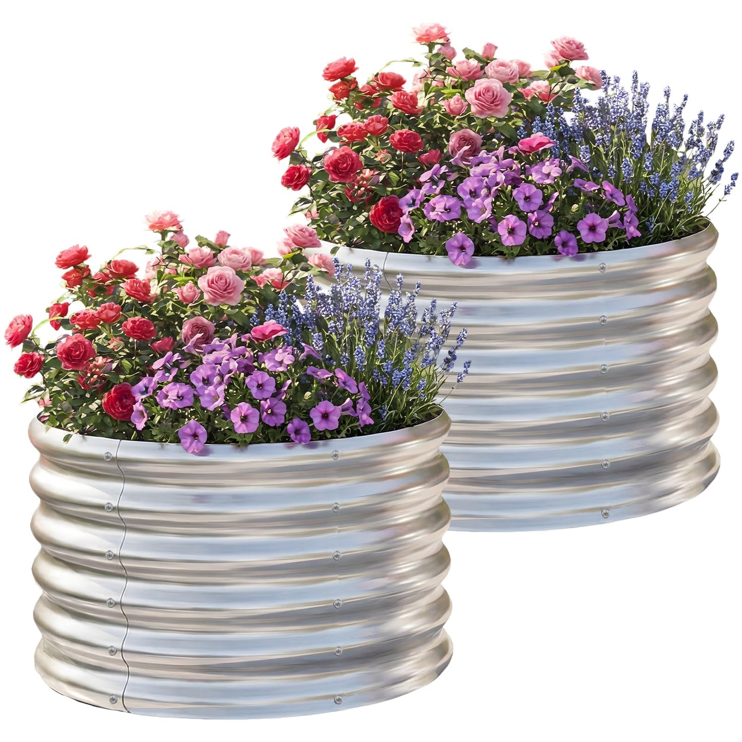 AHEONLAR 2 Pack 2x2x1.5ft Round Galvanized Raised Garden Bed Outdoor Metal Planter Box for Vegetables Steel Raised Beds for Gardening Silver