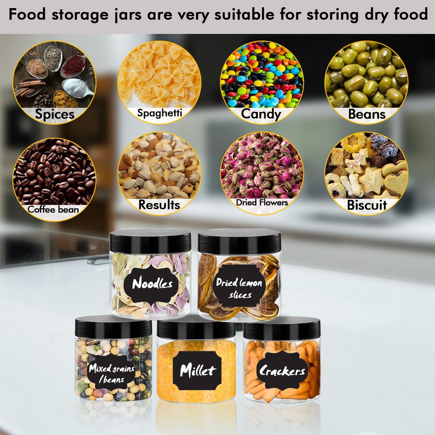 WYIPOLZI 12oz Plastic Jars with Lids, 24 Pack Clear PET Jars Containers with Black Lids, Leakproof Round Plastic Storage Jar with Pen & Labels for Dry Food Storage, Candy, Crafts