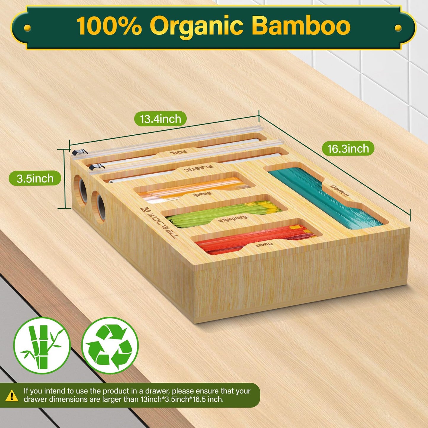 KOCWELL Bag Organizer and Plastic Wrap Dispenser with Cutter, 6 In 1 Bamboo Foil and Plastic Wrap Organizer for Kitchen Drawer, Food Storage Bag Organizer for Gallon,Quart,Sandwich,Snack(Yellow)