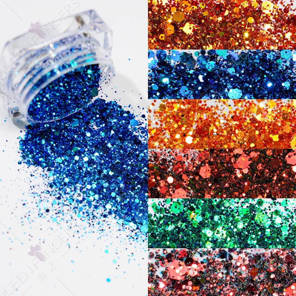 Mesiyun 12 Pots Holographic Nail Art Sequins 3D Laser Chameleon Chunky Nail DIY Sparkly Glitter Flakes for Women Manicure Tips Decorations