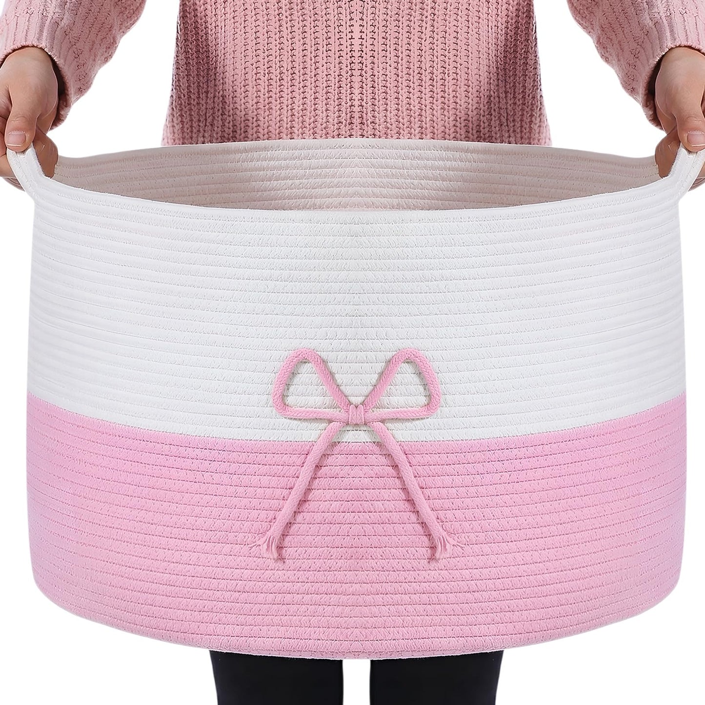 Breling 70L Pink Bow Extra Large Cotton Rope Basket 21" x 14", Woven Baby Laundry Blanket Basket Box with Handle Storage, Blanket Storage for Living Nursery Pillows Laundry Baby Toy Chest