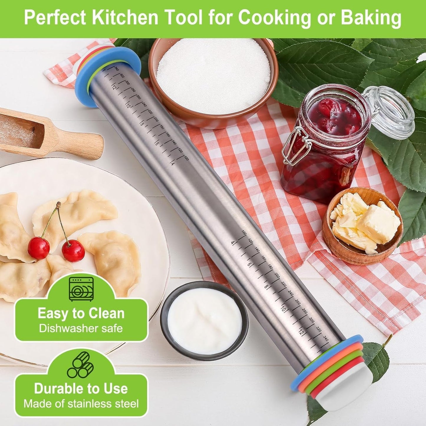 liboyixi Rolling Pin and Pastry Baking Mat Set, 17-inch Rolling Pins with Adjustable Thickness Rings, Stainless Steel Dough Roller for Baking Fondant, Pizza, Pie, Pastry, Pasta, Cookies (black)