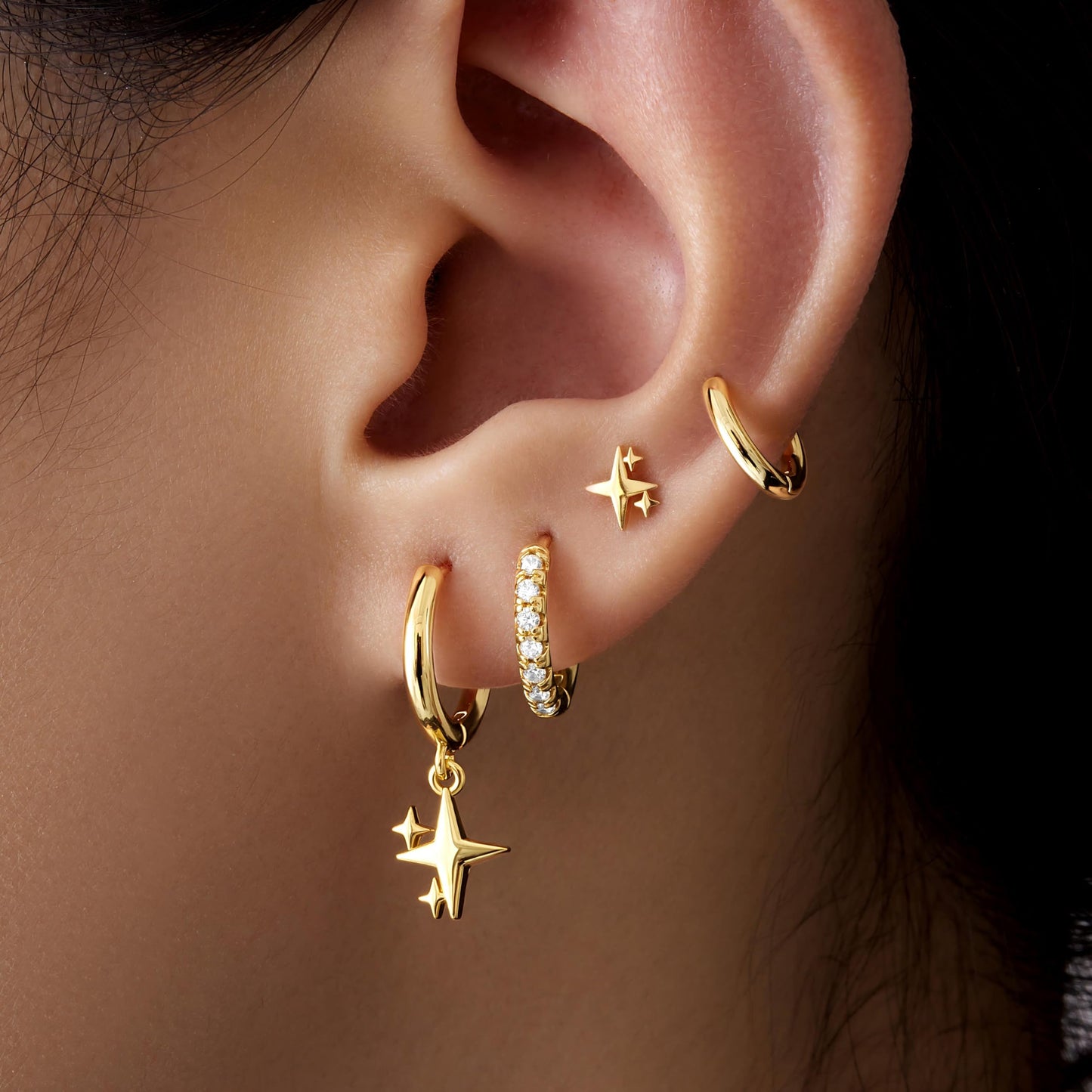 Gold Star Earrings for Women,Huggie Small Stack Cartilage Hoop Cross Stud Earring Sets for Multiple Double Piercing, Conch Helix Rook Tragus Daith Piercing Gold Clip On Jewelry Set Gifts