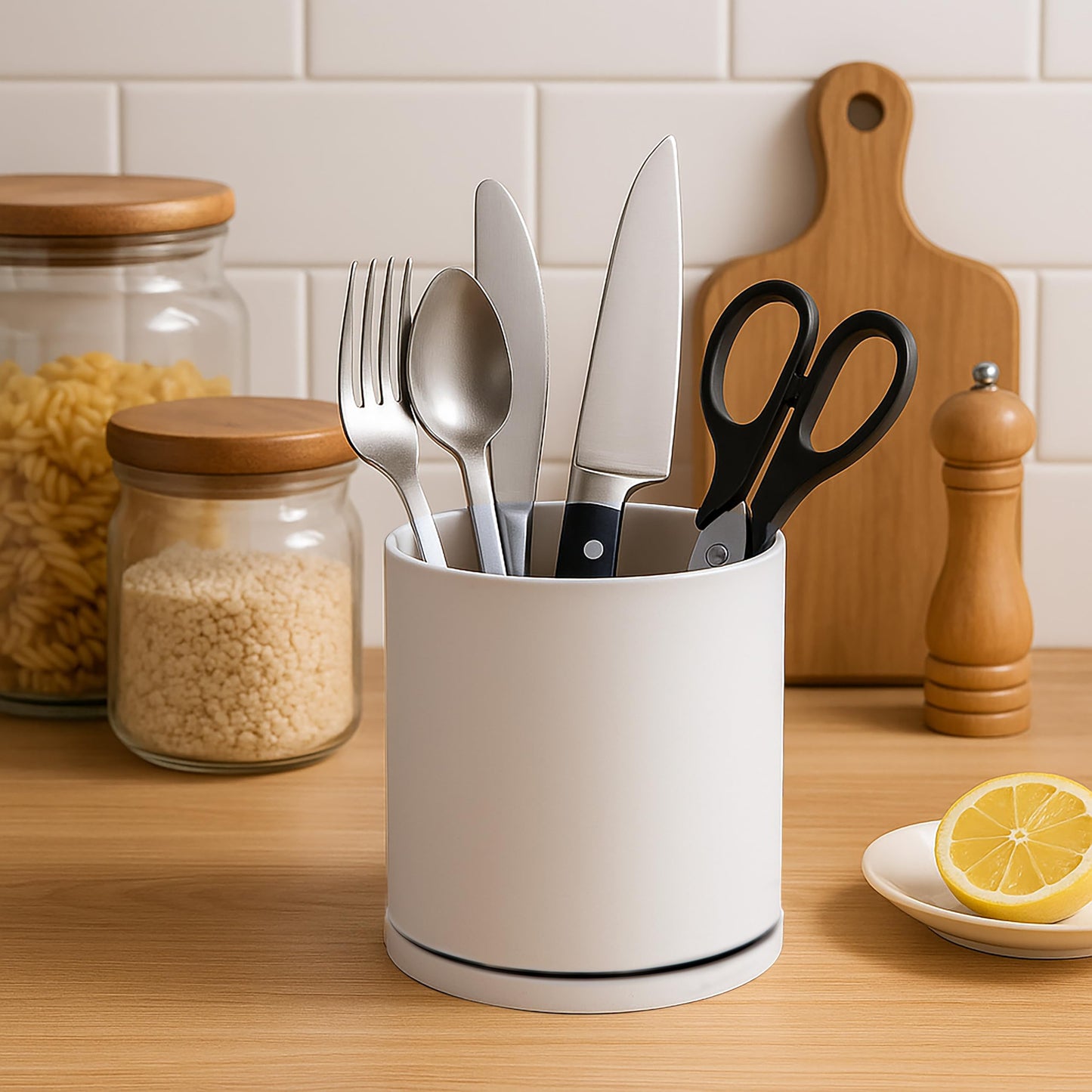 D'vine Dev 360° Rotating Utensil Holder – 5" Kitchen Utensil Crock for Countertop, Modern Cooking Tool Organizer for Kitchen Storage & Décor, Oatmeal, 72-X-D-1