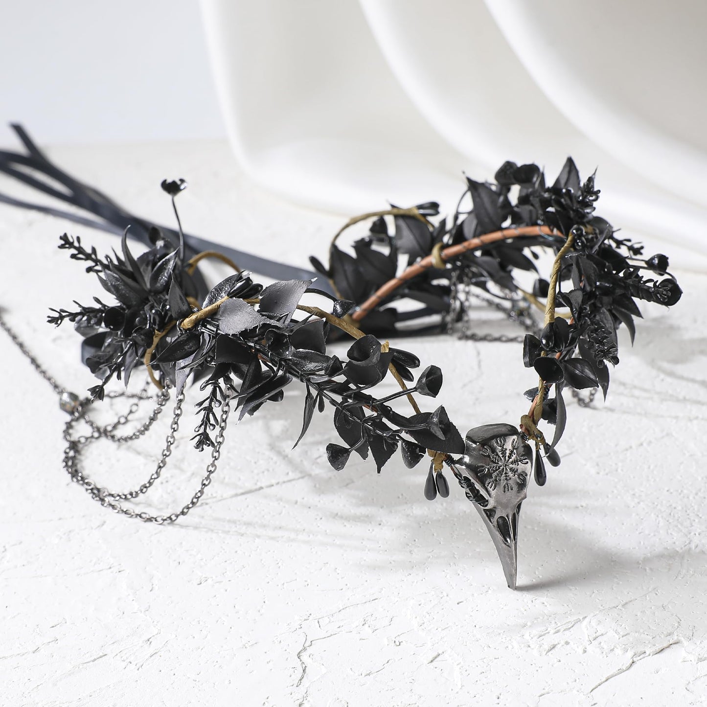 MOSTORY Black Raven Elf Crown - Gothic Flower Headpiece with Tassel for Witch Accessories Women, Dark Floral Circlet for Renaissance Renfaire Halloween Witchcore Cosplay