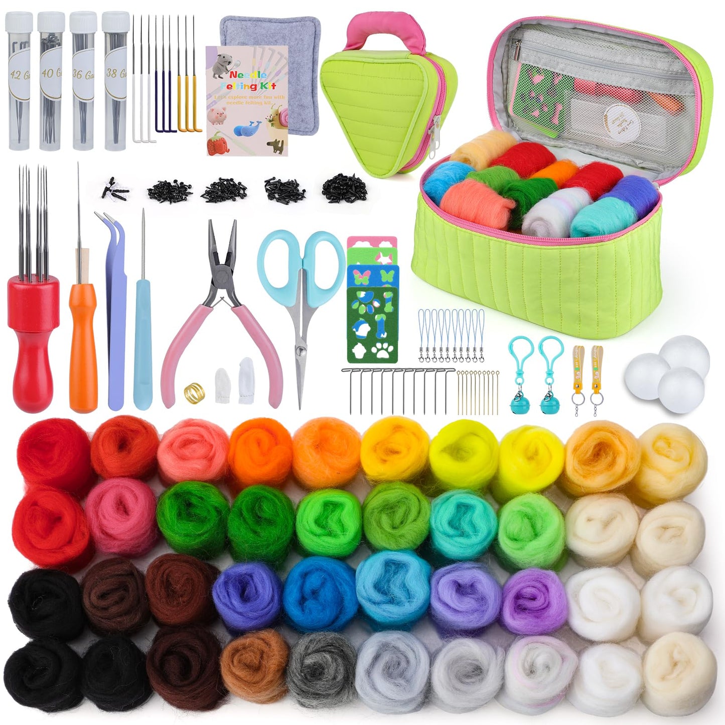 Needle Felting Kit for Beginners, Wool Roving 40 Rolls, Felting Needles, Needle Felting Tools Kit with Spiral, Cone, Triangle Felting Needles,Wool Felting Pad, Felting Supplies