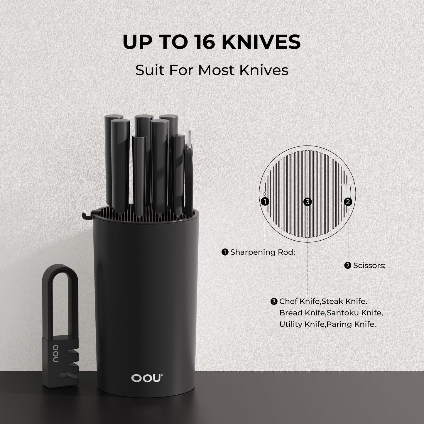 OOU Universal Knife Block Holder Without Knives, Round Kitchen Knife Holder, Detachable Knife Storage for Easy Cleaning-Black