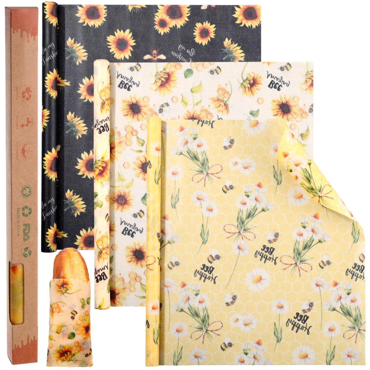 3 Rolls Reusable Beeswax Wraps for Food 13 x 40 Inches Bees Wax Wraps Reusable Food Storage Wrap Beeswax Paper Roll for Bread Sandwich Cheese Fruit Snacks(Bee)