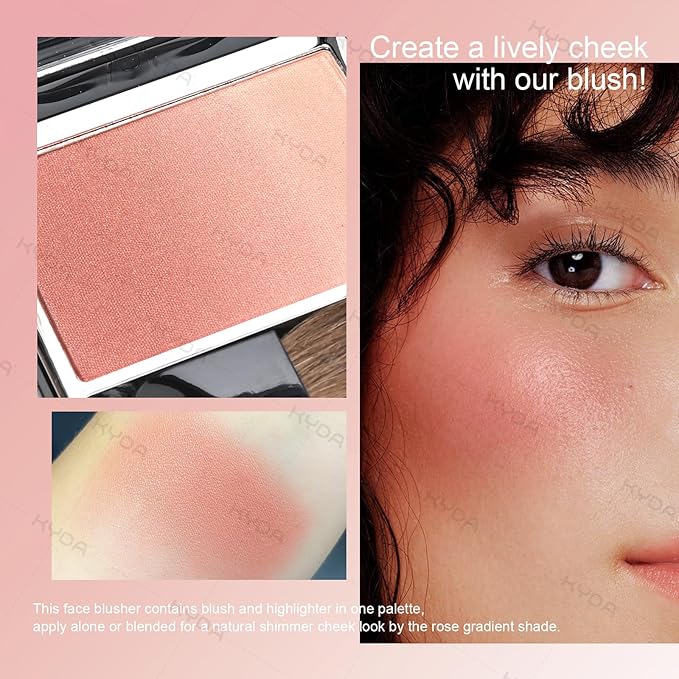 KYDA Warm Rose Shimmer Blush, Gradient Cameo Brown Pink Color, Micro-fine Pearl Powder Blush, Soft Buildable Cheek Color, Lightweight Smooth, Multiuse Blusher Compact