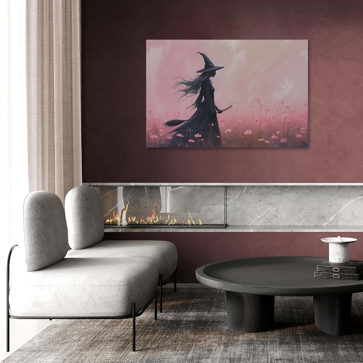 Witch in the pink sea of flowers Halloween prints weird flowers wall art silhouette painting fashionable romantic decoration suitable for bedroom24x36in Wood Framed