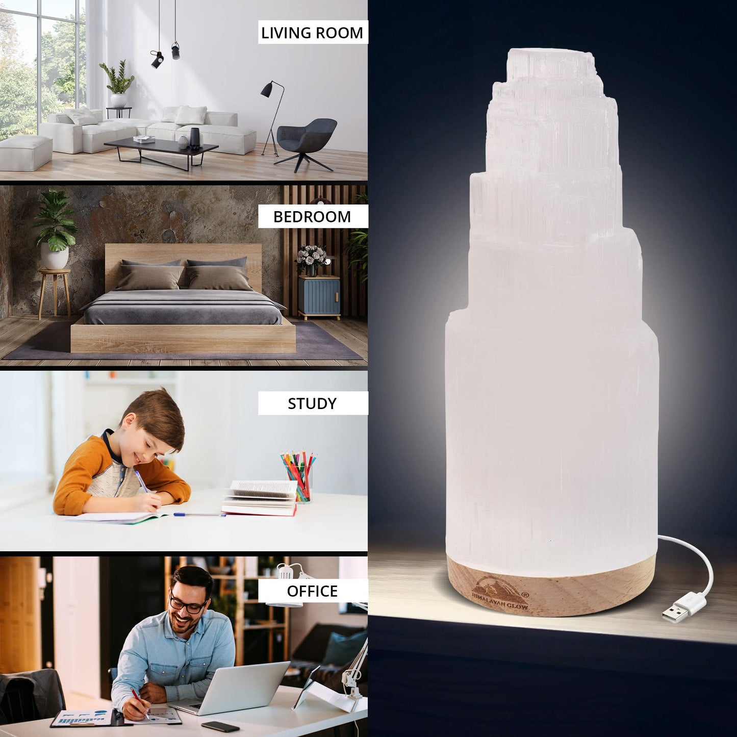 Himalayan Glow Selenite Crystal Lamp 20cm, Hand Curved Morocco |Skyscraper| Crystals and Healing Stones,(ETL Certified) with Wooden Base & USB Charging Cable For Healing Cleansing & Meditation