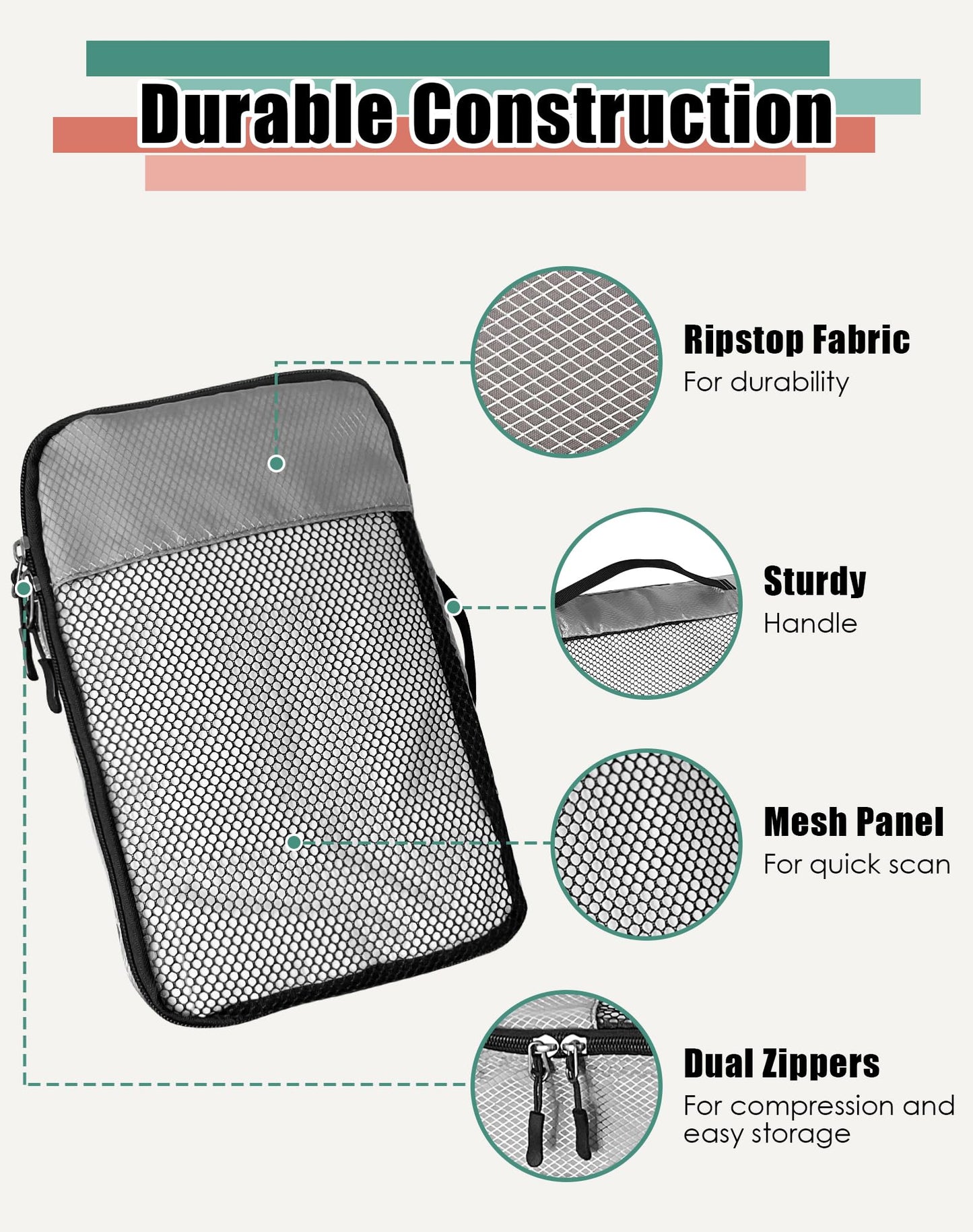 WTREE 4-Piece Packing Cubes Travel Accessories Set for Suitcases - Luggage Organizer Bags with Double Zipper - Mesh Top - Small/Medium/Large/Slim - Grey