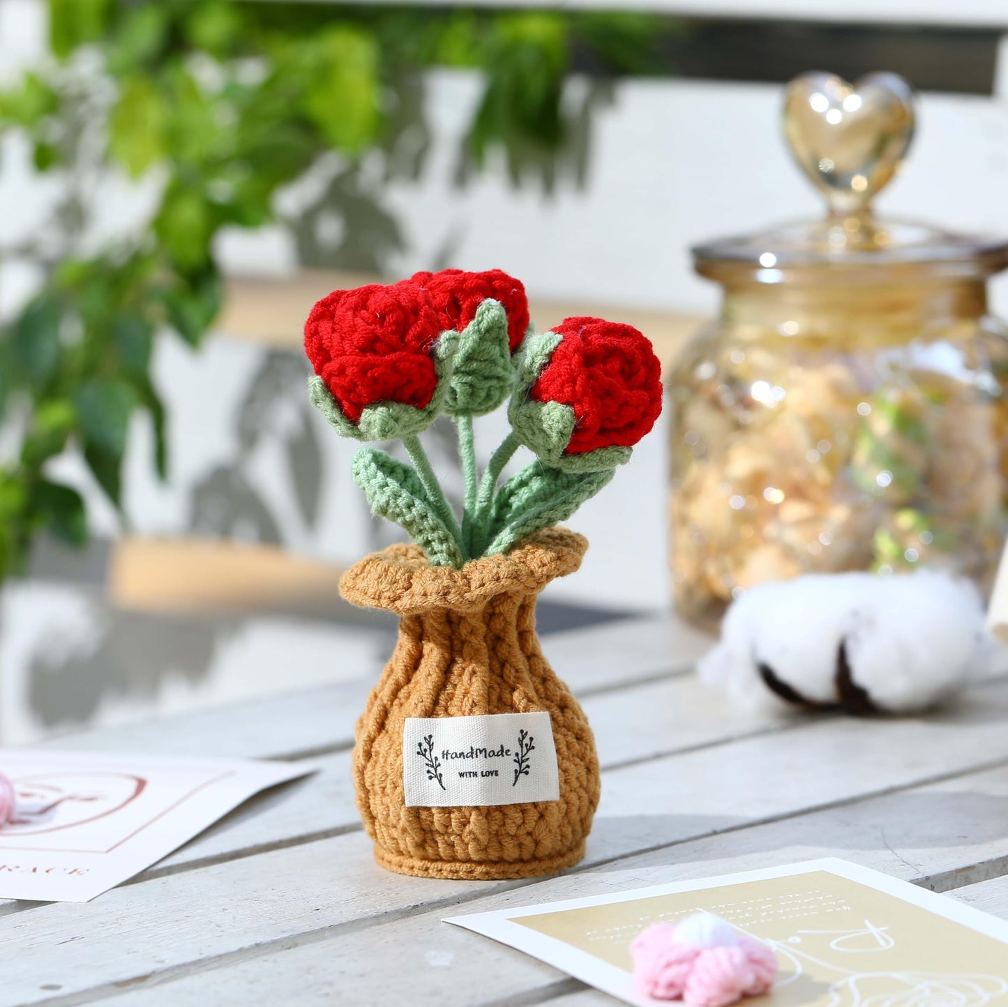 YOOJEE Crochet Rose Flower Potted Plant – Red, Valentines Day Gift for Her, Handmade Knitted Romantic Desk Decor
