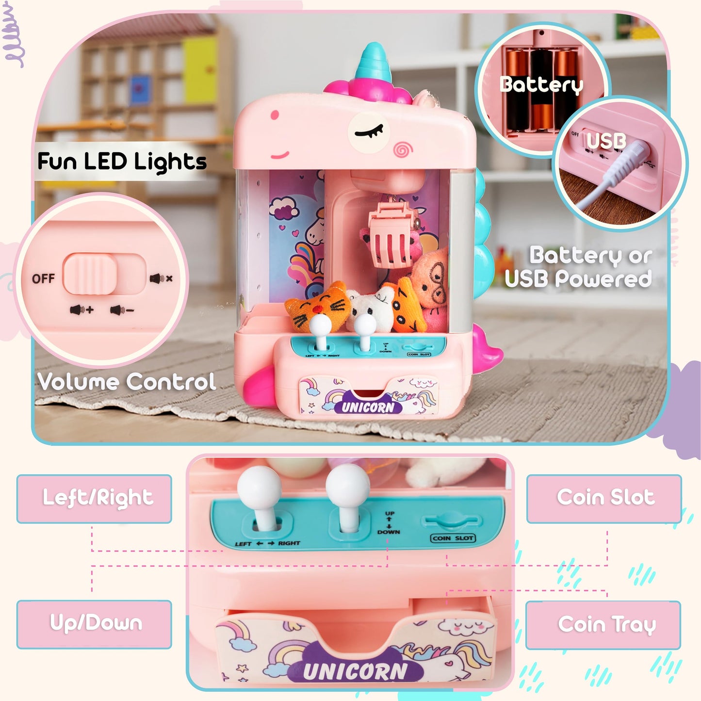 Claw Machine for Kids - Mini Arcade Game - Vending Machine - Candy Grabber Toys - Silent Mode, Lights, USB - Plush Toys & Easter Eggs, Surprise Stickers - Fun Gift for Kids, Boys & Girls (Unicorn)