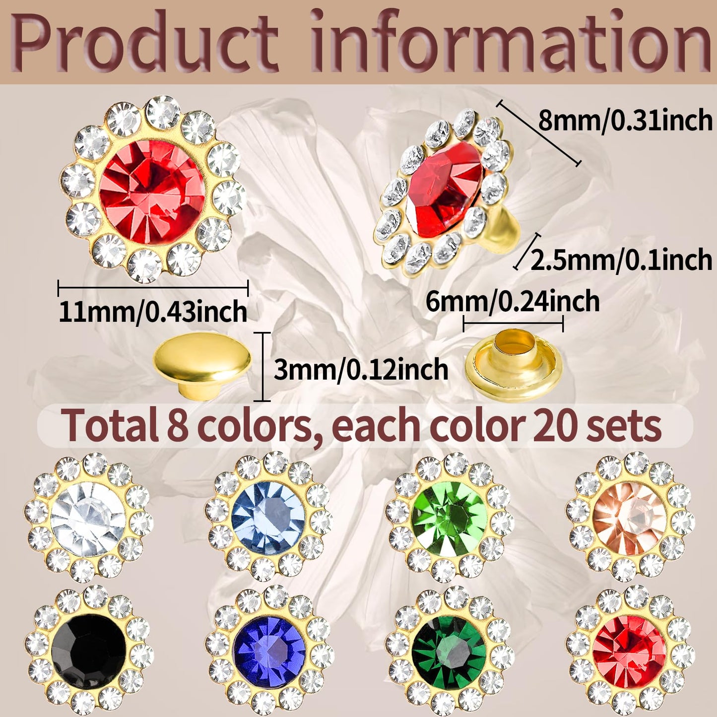 160 Sets Colorful Rhinestone Rivets 11mm Flower Rhinestone Stud Leather Rivets for DIY Bags, Belts, Jackets, Leather Art and Crafts