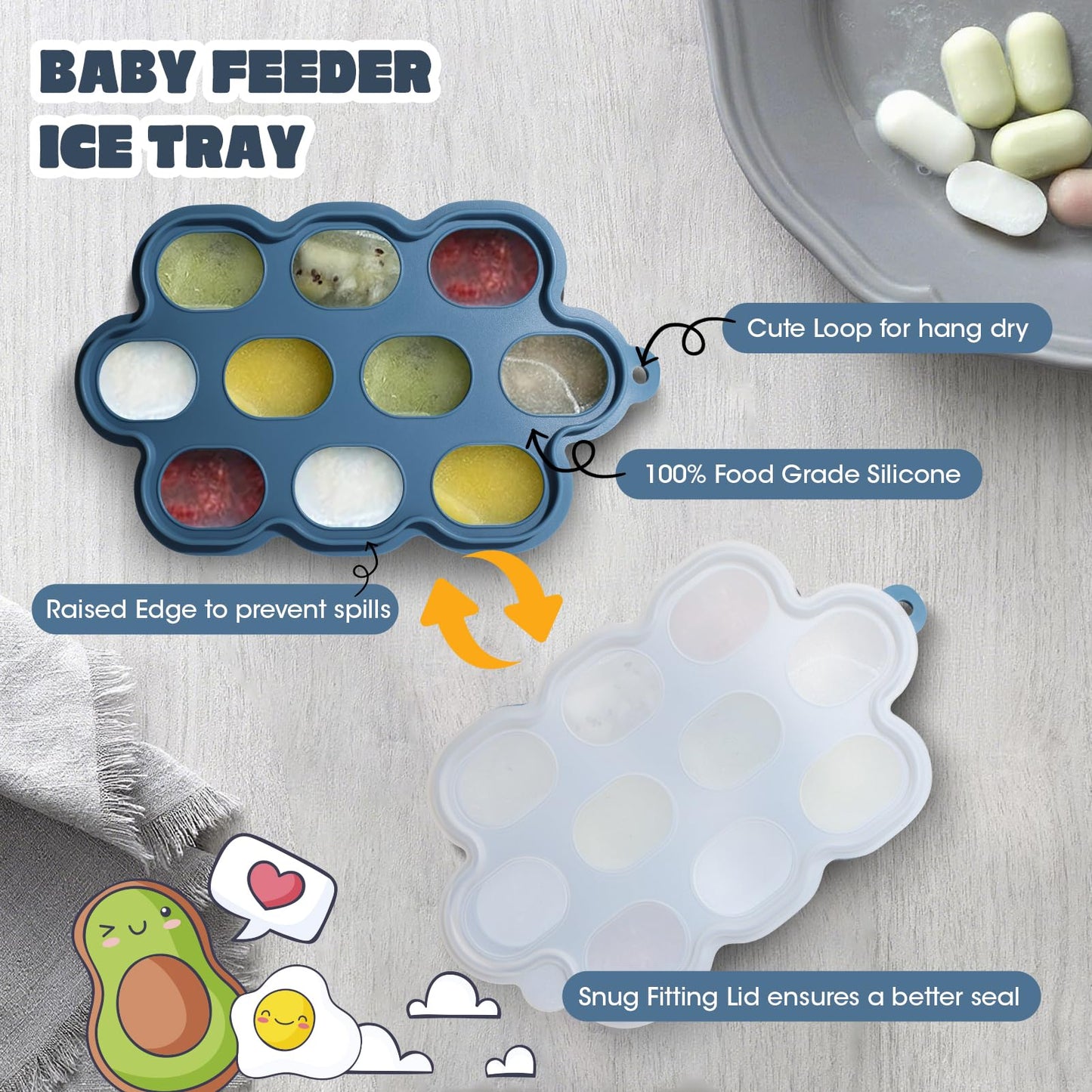 Baby Fruit Food Feeder & Breastmilk Popsicle Molds for Teething Relief, Baby Feeding Sets, 1 Freezer Tray with Lid & 1 Teether Toy & 1 Silicone Teething Pacifier Feeder, Extra Food Pouches (Blue)