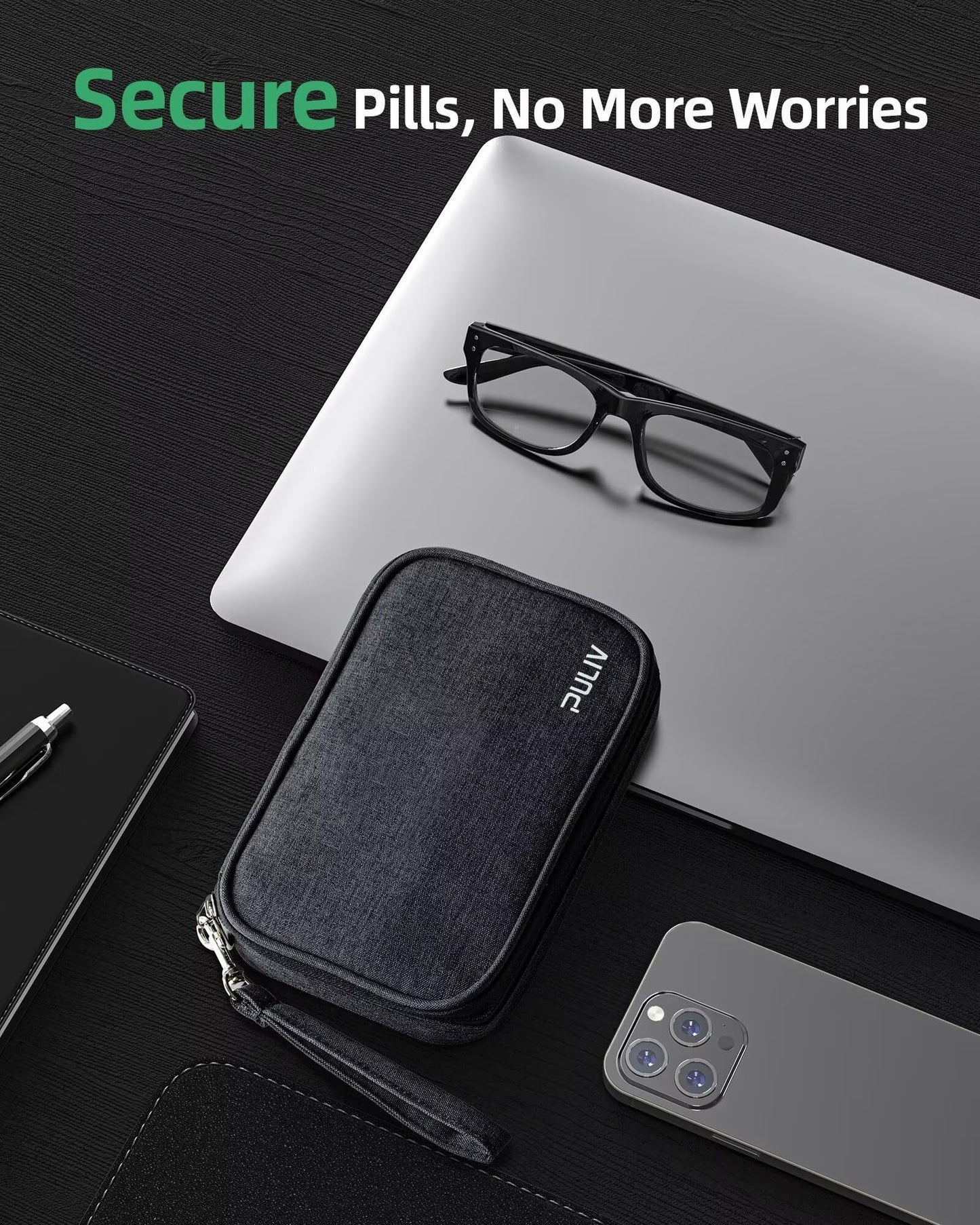 PULIV Weekly Pill Organizer 4 Times a Day with a Business Stylish Bag, Portable Pill Box 7 Day with 28 Compartments for Men, Removable Pill Sorters to Store Vitamin, Medication, Fish Oil, Supplements
