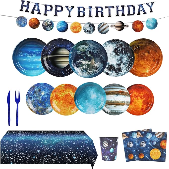 182pcs Outer Space Theme Birthday Party Supplies,Galaxy Planet Outer Space Paper Plates and Napkins Kit,for Solar System Planets Baby Shower Birthday Party Decorations,Serves 30