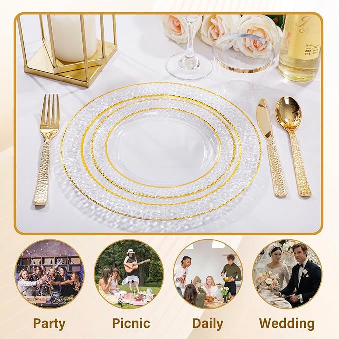 Nervure 102PCS Gold Plastic Plates - Disposable Clear Gold Party Plates Include 51PCS 10.25inch Dinner Plate & 51PCS 7.5inch Dessert Plate Perfect for Wedding & Party & Christmas