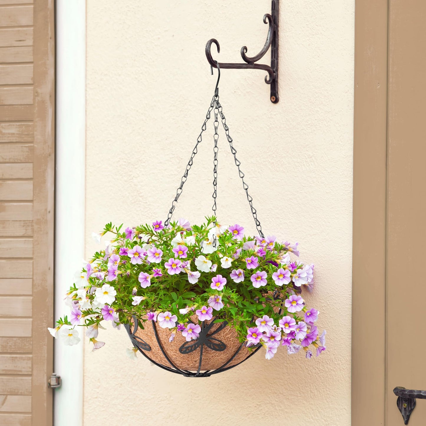 ARVINKEY Hanging Baskets Planter for Plants, 2 Pack 14 Inch Round Metal Wire Hanging Flower Pots with Coco Coir Liner Chain, Plant Holder for Home Garden Balcony Decor